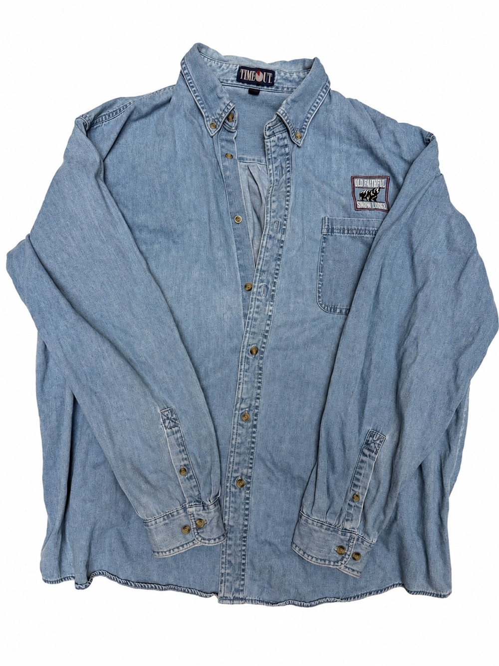 Vintage Timeout Denim button up shirt with Old Faithful Snow Lodge Patch